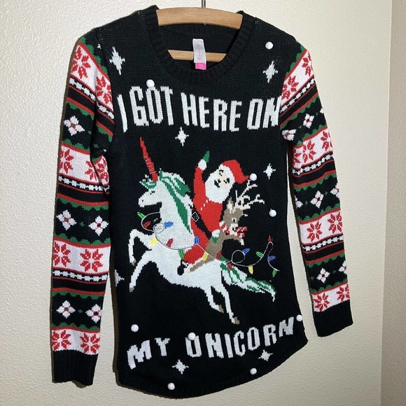 Ugly Christmas Sweater Size S Black/multicolored Sleeves Preowned Unicorn Santa - Picture 1 of 8